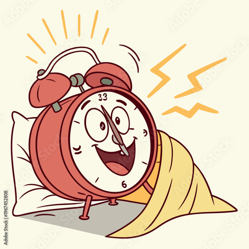 A colorful flat vector illustration of a ringing alarm clock with musical notes