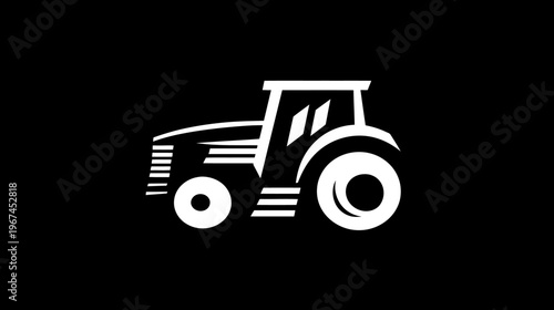 A white silhouette of an agricultural vehicle with large wheels on a solid black background