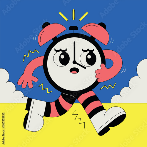 A colorful flat vector illustration of a ringing alarm clock with musical notes