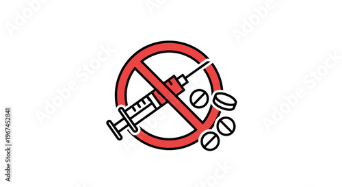 Colorful prohibition sign with syringe and pills, clearly indicating 'no drugs' on an isolated white background.