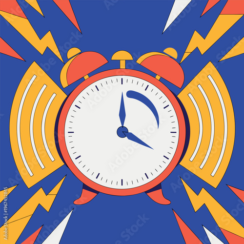 A colorful flat vector illustration of a ringing alarm clock with musical notes
