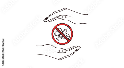 Hands protecting a no injection and drugs prohibition sign, symbolizing drug prevention and health safety on an isolated white background.