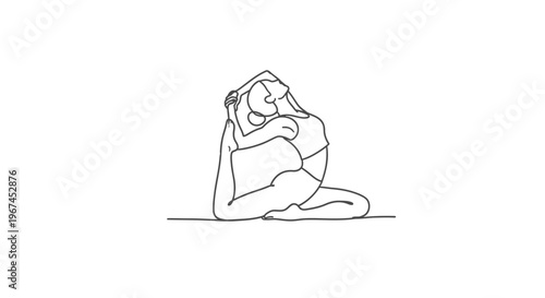 Continuous Line Art of a Woman in Pigeon Yoga Pose Stretching on Isolated White Background, Healthy Lifestyle