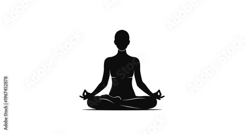 Black Silhouette of a Person Meditating in Lotus Pose on Isolated White Background, Yoga and Mindfulness Concept