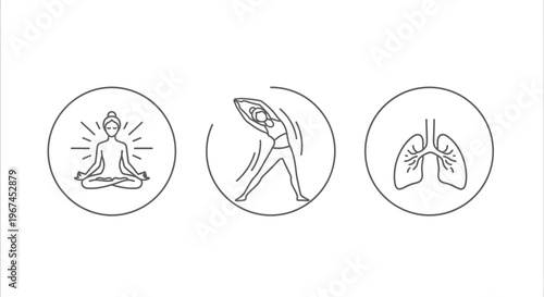 Three Healthy Lifestyle Line Icons: Meditation, Yoga Pose, and Healthy Lungs on Isolated White Background