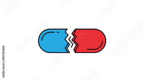 Broken Red and Blue Pill, Symbolizing Addiction or Overdose on Bright Studio Background