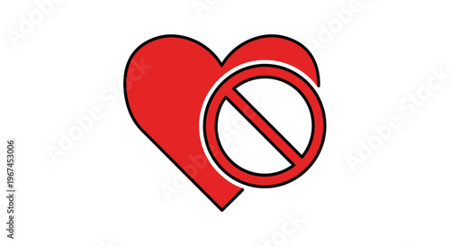 Red Heart with Prohibition Sign Symbolizing No Love or Heartbreak on Isolated White Background