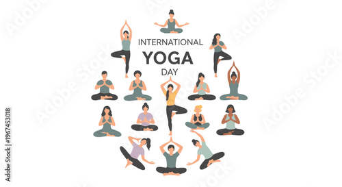 Diverse People Practicing Yoga Poses in a Circle for International Yoga Day on Isolated White Background