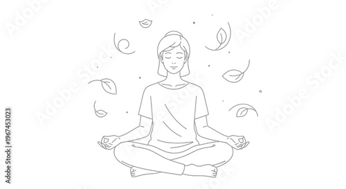 Peaceful Woman Meditating in Lotus Pose with Floating Leaves in Serene Line Art on Isolated White Background