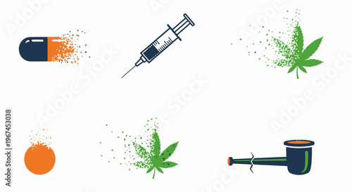Harmful Drug Paraphernalia Including Syringe, Cannabis Leaf, and Pills on Isolated White Background