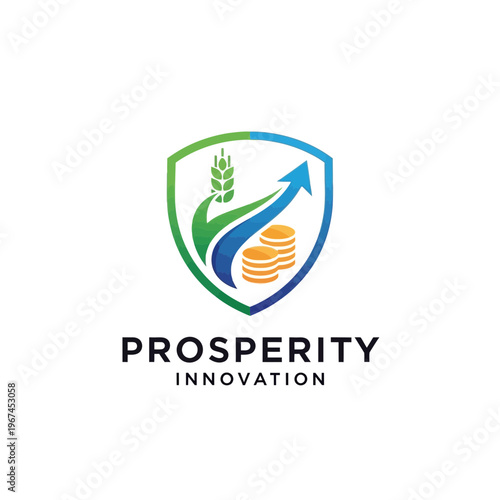 Prosperity Innovation Logo Shield with Wheat Arrow and Coins Representing Growth.