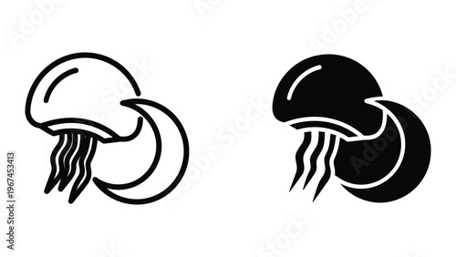 Contrasting depictions of a jellyfish in monochrome line art and solid black silhouette