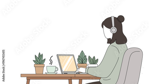 Woman working on laptop at home office with plants and coffee, minimalist flat vector illustration.