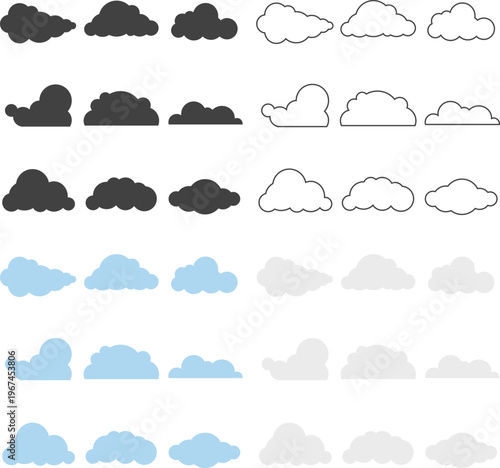 Cloud vector set, flat weather icons, sky shapes collection in black blue and outline style.