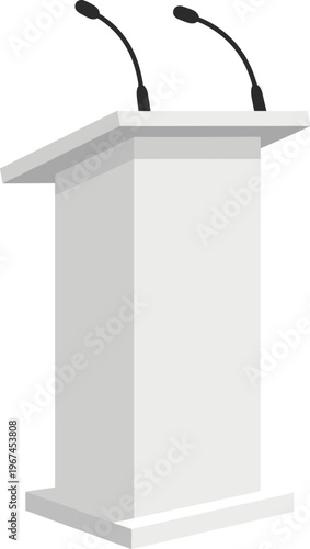 White minimalist podium with dual microphones on slanted surface for public speaking, press conference, or corporate presentation vector illustration