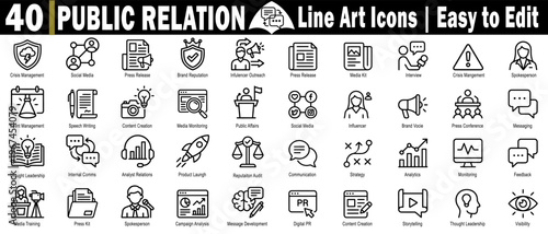 Public relations line icons. Featuring crisis management, social media brand reputation, influencer outreach media kit, interview and speech writing services, and vector illustration.