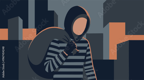 Anonymous burglar carrying a sack of stolen goods in a dark urban setting