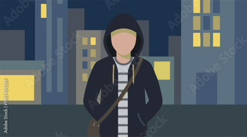 Anonymous person in hoodie with bag in minimalist urban setting at night
