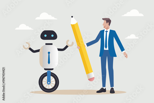 Human and robot collaborate holding a large pencil for creative innovation