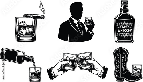 Elegant silhouette of a man in a suit enjoying a cigar and whiskey, with bottle and cowboy boot.