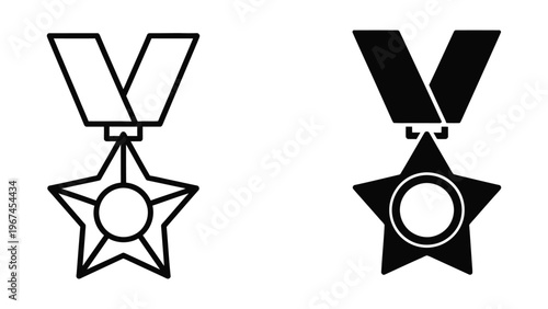 Comparison of medal designs with star and ribbon variations in black and white outlines