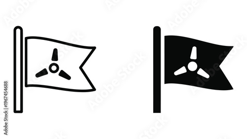 Black and white flag comparison featuring a distinctive trident and circle emblem