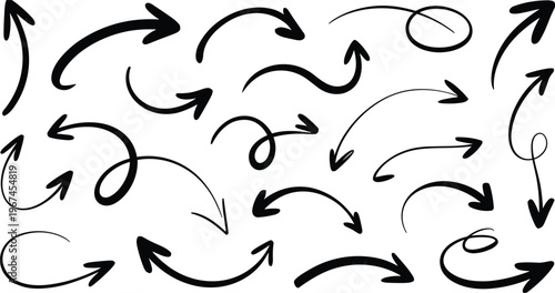 Vector set of hand drawn curved arrows and pointers for web design and infographic layout elements.