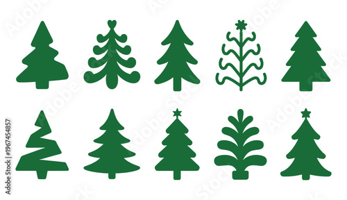 Various stylized depictions of evergreen trees and foliage designs in green