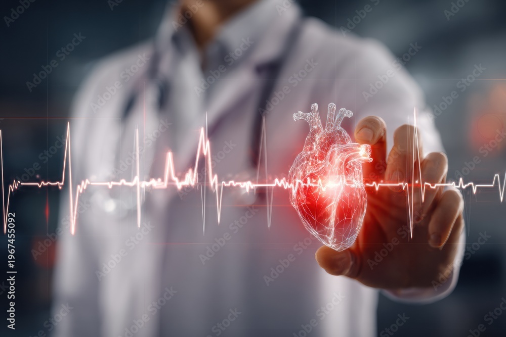 Fototapeta premium Doctor analyzing digital heart with ECG line medical technology cardiology healthcare concept