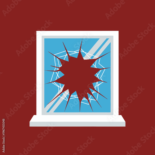 Broken window with shattered glass damage and destruction concept isolated.