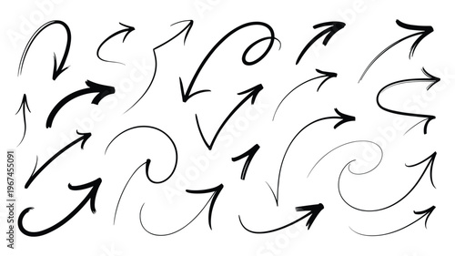 Large collection of diverse hand drawn arrow symbols vector for universal use in graphic navigation.
