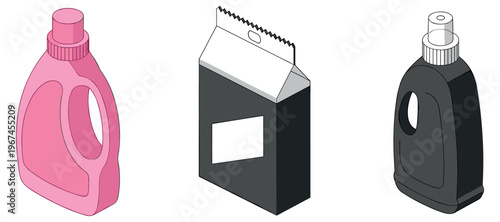 Laundry detergent bottles and carton arranged on white background