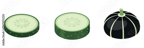 Cucumber slices and round gourd displayed on white background