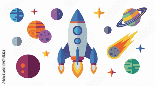 Flat design illustration of a space rocket with planets, stars, and comet