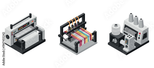 Industrial textile machines producing colorful fabric in workshop