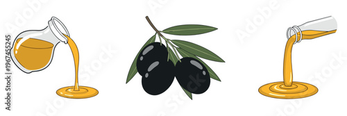 Olive oil pouring with black olives on white background