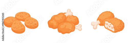Breaded chicken nuggets and croquettes arranged on white background