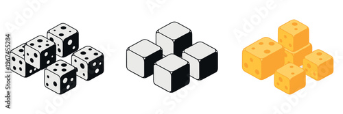 Dice cubes displayed in three visual styles on white background