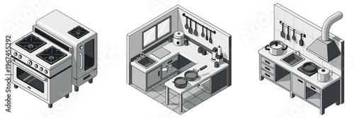 Commercial stove and kitchen station arranged in isometric layout