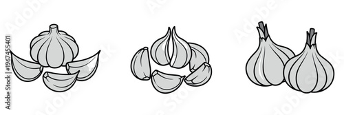 Garlic bulbs and separated cloves displayed on white background