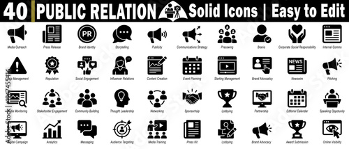 Public relations solid icons. Easy to edit for media outreach, brand identity, storytelling, internal communications, and vector illustration.