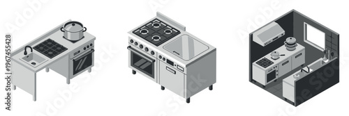 Kitchen stove and sink units shown in isometric layout