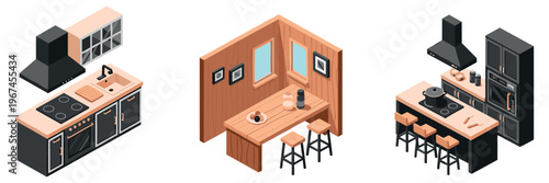 Isometric kitchen interiors showing counters island and dining nook