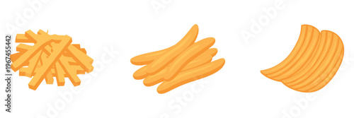 Variety of potato fries and chips displayed on white background