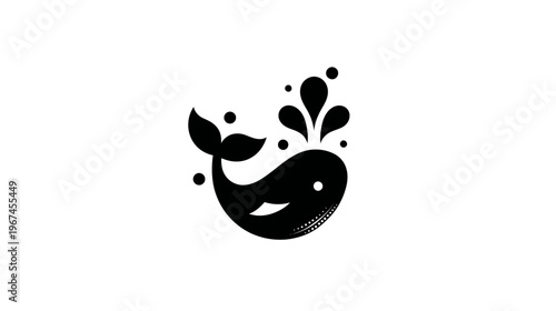 A stylized black and white whale with water splashes and dots against a white background