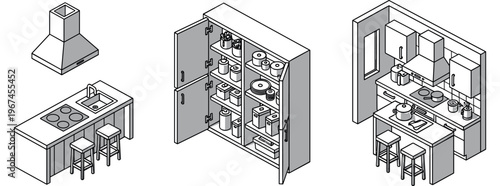 Kitchen appliances and pantry shelving arranged in interior