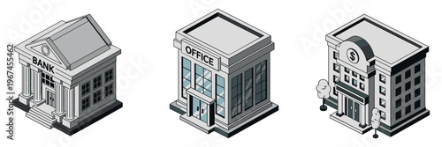 Commercial buildings representing bank office and hotel on white