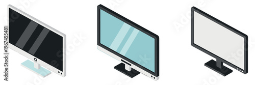 Computer monitors displayed in different isometric screen styles