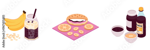 Breakfast ingredients arranged with smoothie and condiments