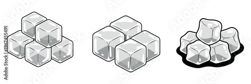 Ice cubes arranged in stacks and melting puddle variations
